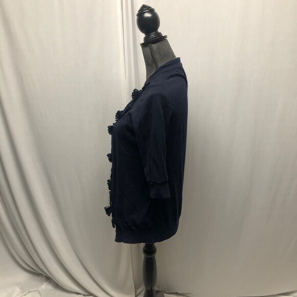Ann Taylor Loft Cardigan Womens Size Medium Navy Blue Open Front 3-D Floral Trim - Picture 3 of 7